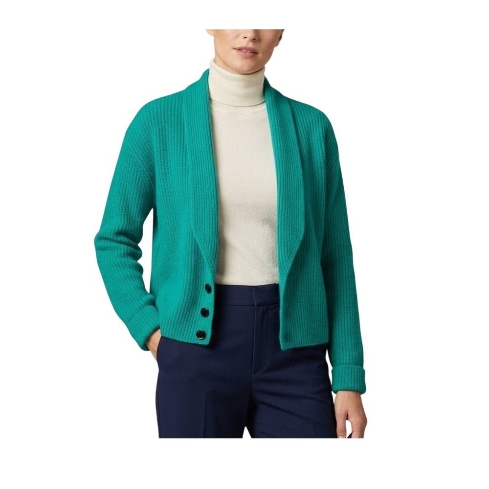 80s Evan Picone Lambswool Angora Cardigan Sweater Teal Green Long Sleeve M